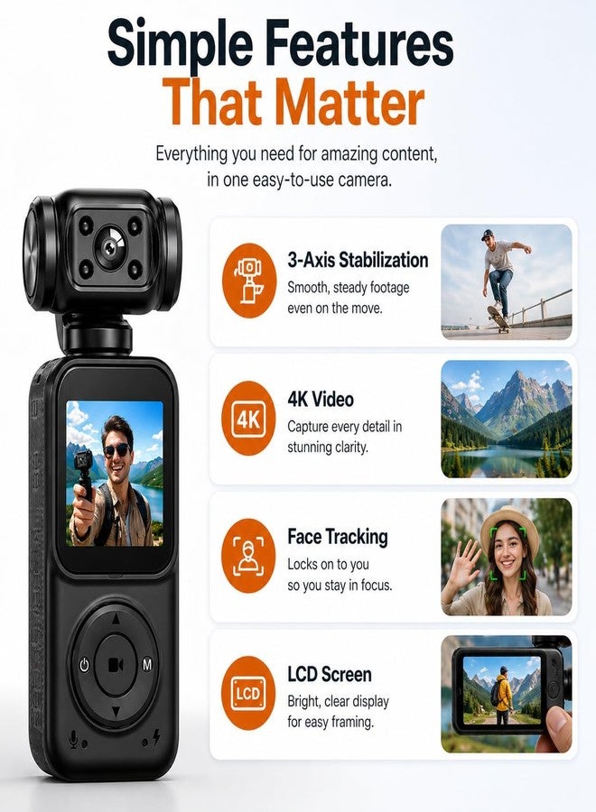 Acuvar Mini 4K Pocket Camera with LCD Screen, Portable Video Camera with WiFi, Face Tracking, 270° Rotation, 64GB SD Card Included - Image 3