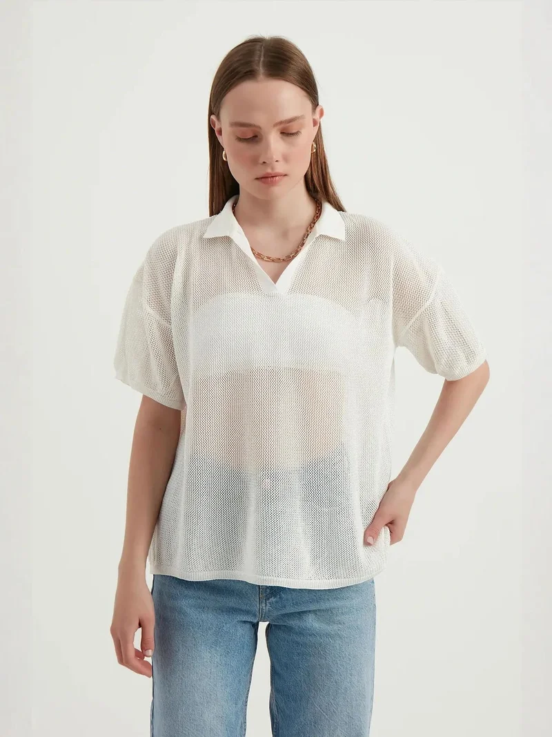 زوبعة ياقة بولو بأكمام قصيرة بنسيج شبكي