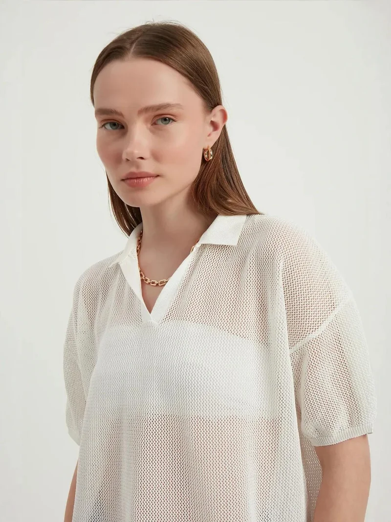 HICCUP Polo Collar Mesh Textured Short Sleeve