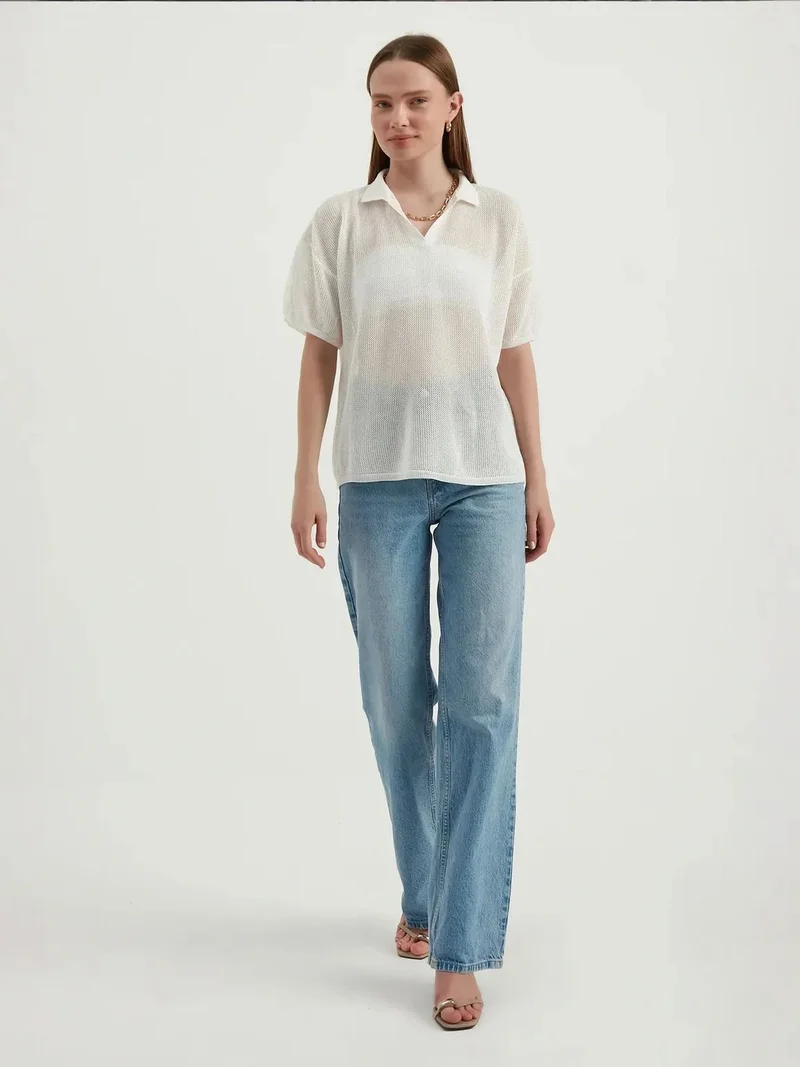 HICCUP Polo Collar Mesh Textured Short Sleeve