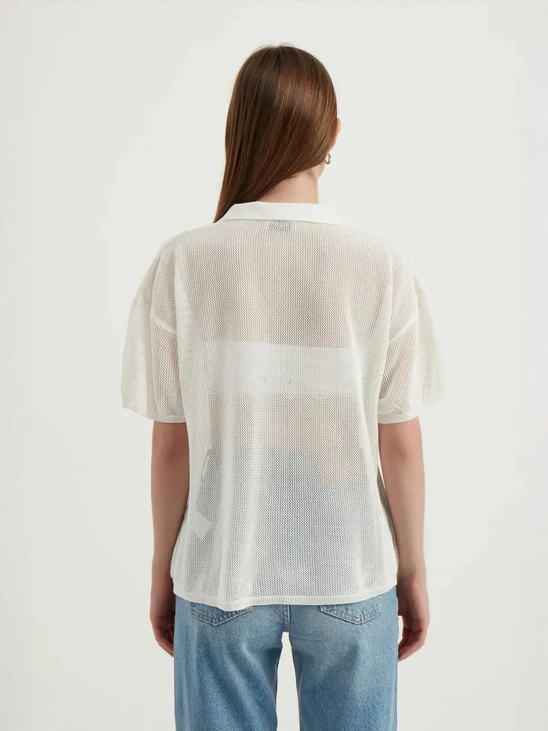 HICCUP Polo Collar Mesh Textured Short Sleeve