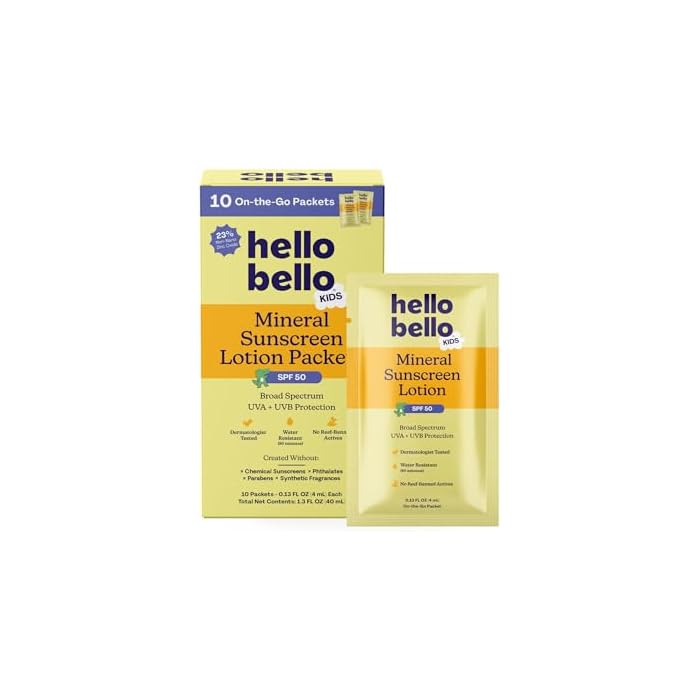 Hello Bello Kids SPF 50 Mineral Sunscreen Lotion - 10 Count Travel Packets - Water Resistant Broad Spectrum UVA + UVB Sun Protection