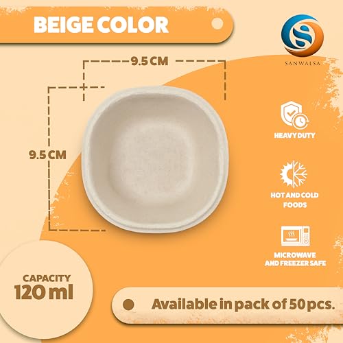 SANWALSA [120 ml, 50 Count, Square, Beige Disposable Bagasse Bowls | Eco-Friendly Sugarcane Paper Bowl for Wedding, Party, Cafes | Ideal for Soups, Dal, Ice-Cream & Desserts - Image 2
