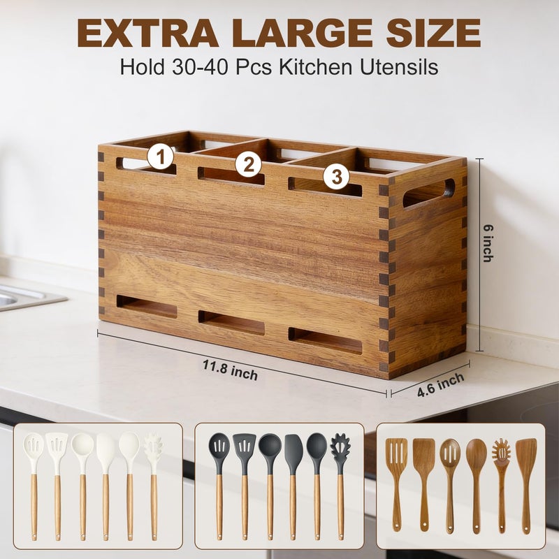 Renawe Extra Large Acacia Wood Utensil Holder for Kitchen Counter Decor Rustic Wooden Spatula Holders Cooking Utensils Organizer Countertop Silverware Caddy Spoon Kitchen Tool Holder Farmhouse Utensil Crock - Image 3