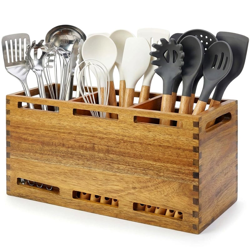 Renawe Extra Large Acacia Wood Utensil Holder for Kitchen Counter Decor Rustic Wooden Spatula Holders Cooking Utensils Organizer Countertop Silverware Caddy Spoon Kitchen Tool Holder Farmhouse Utensil Crock - Image 1