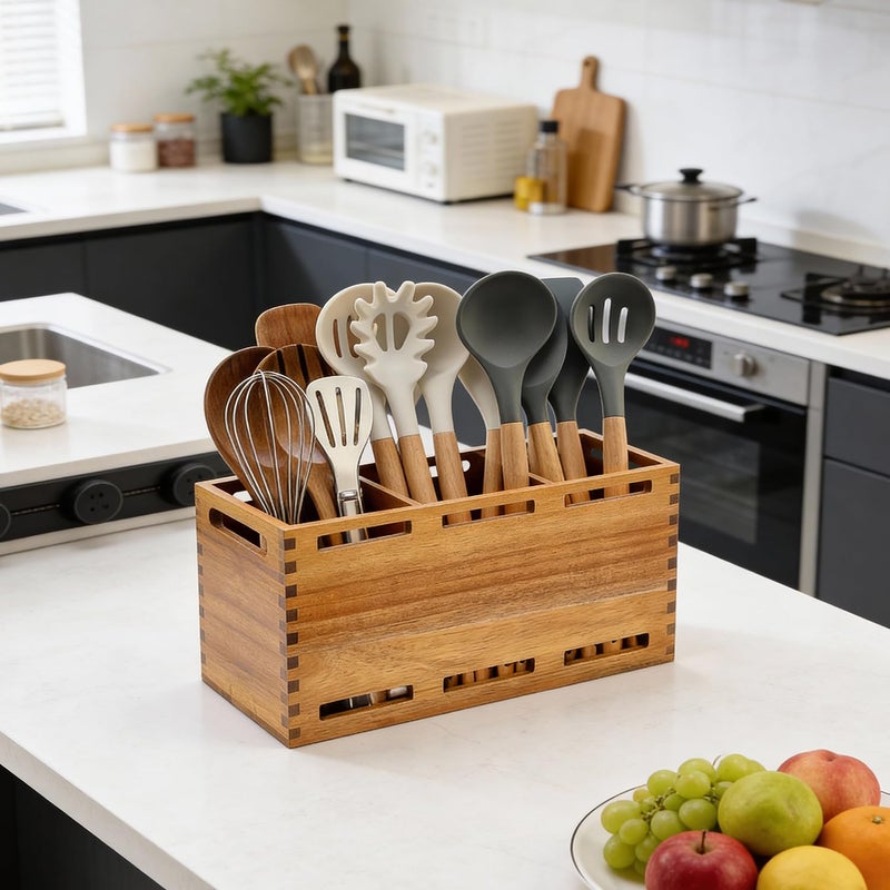 Renawe Extra Large Acacia Wood Utensil Holder for Kitchen Counter Decor Rustic Wooden Spatula Holders Cooking Utensils Organizer Countertop Silverware Caddy Spoon Kitchen Tool Holder Farmhouse Utensil Crock - Image 2