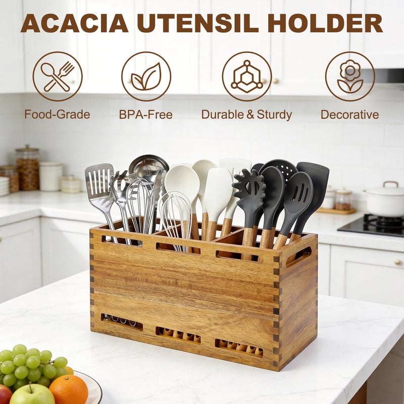 Renawe Extra Large Acacia Wood Utensil Holder for Kitchen Counter Decor Rustic Wooden Spatula Holders Cooking Utensils Organizer Countertop Silverware Caddy Spoon Kitchen Tool Holder Farmhouse Utensil Crock - Image 5