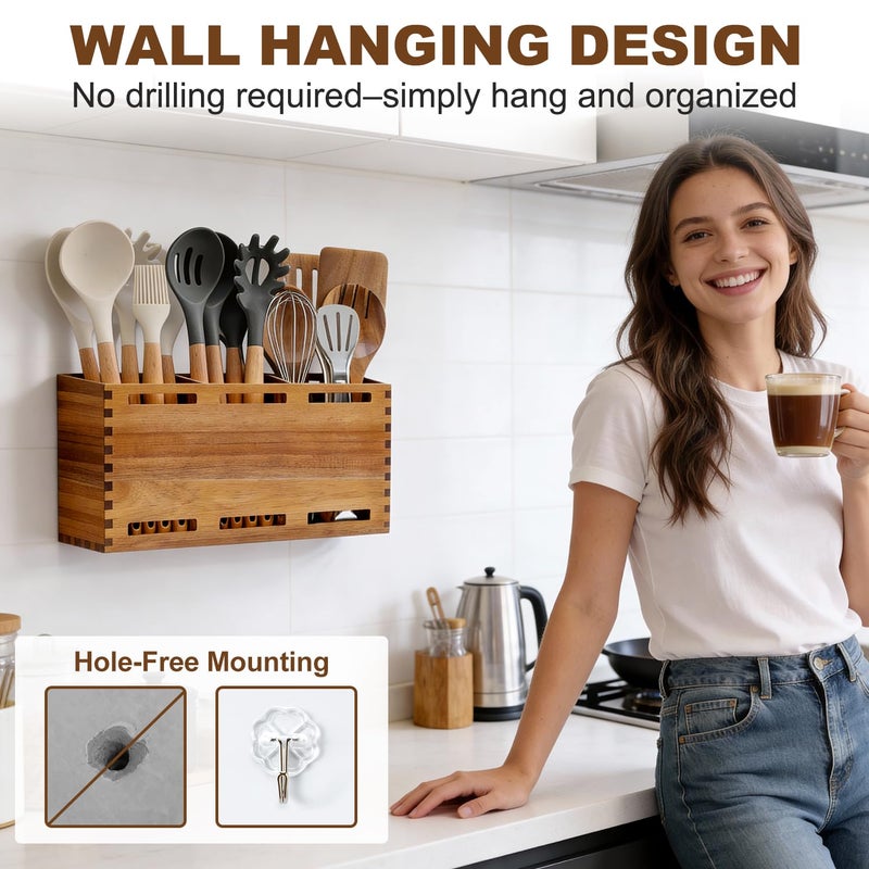 Renawe Extra Large Acacia Wood Utensil Holder for Kitchen Counter Decor Rustic Wooden Spatula Holders Cooking Utensils Organizer Countertop Silverware Caddy Spoon Kitchen Tool Holder Farmhouse Utensil Crock - Image 4
