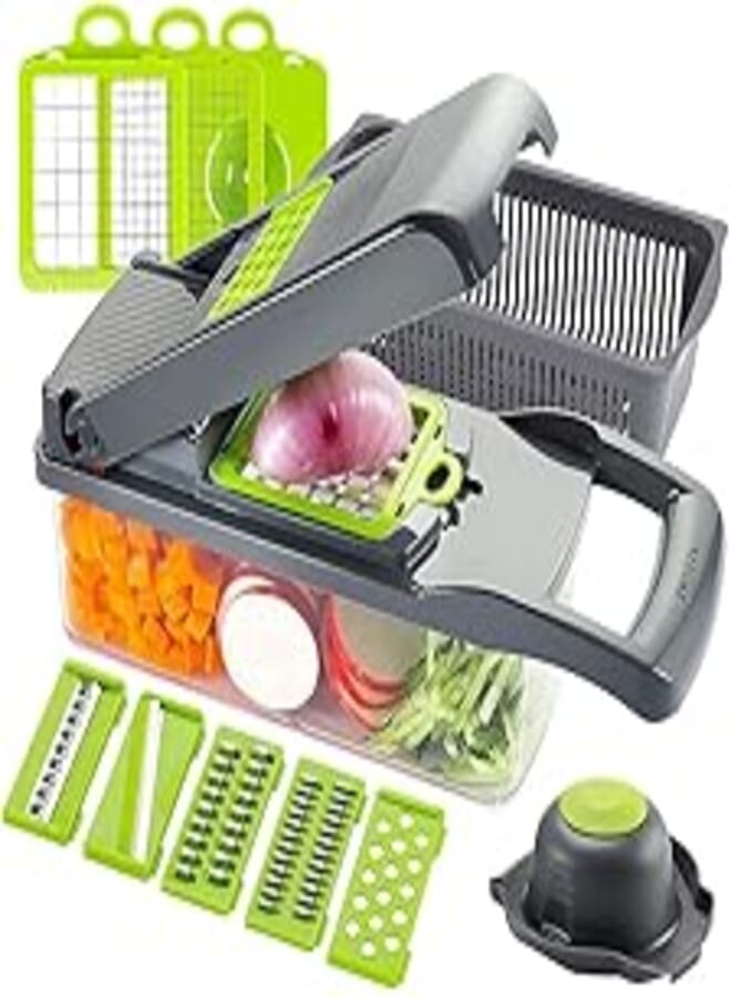 Womdee Vegetable Chopper Slicer Dicer - 12 -in -1 Onion Chopper Fruits Cutter Mandoline Slicer Food Chopper/Cutter with 7 Stainless Steel Blades, Adjustable Slicer & Dicer with Storage Container