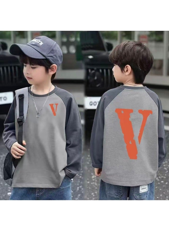 Boys' Pure Cotton Long-sleeve T-shirt, Spring And Autumn Style, For Older Children, Raglan Color-block Round Neck, Trendy And Stylish Base Shirt
