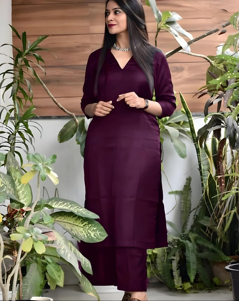 ISTOCAN Solid Rayon Plain V Neck Kurta Pant Set for Women and Girls (IN, Alpha, M, Maroon) - Image 4
