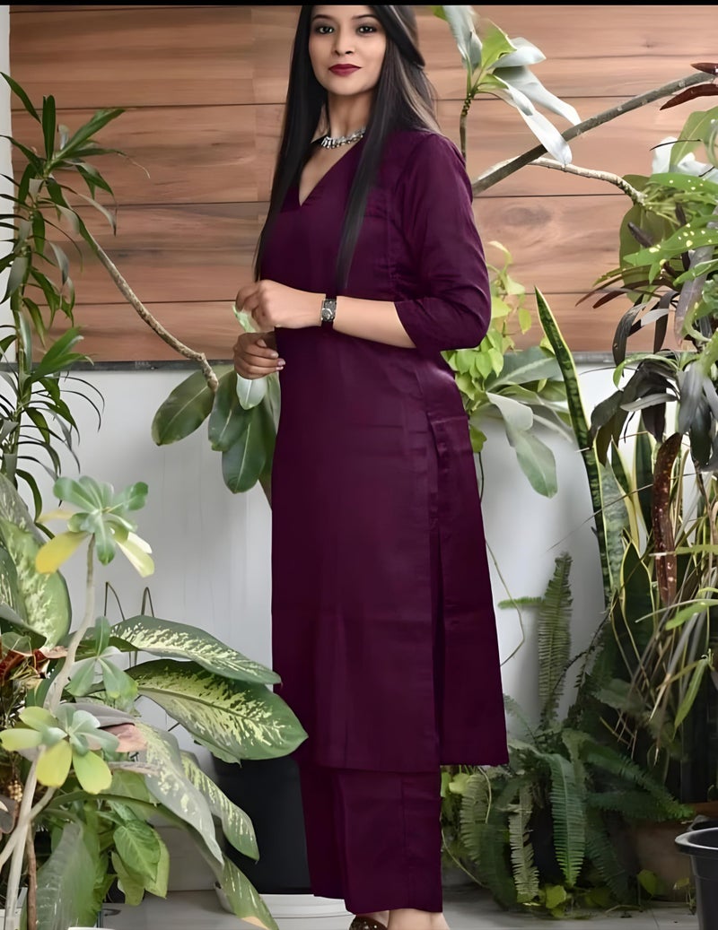ISTOCAN Solid Rayon Plain V Neck Kurta Pant Set for Women and Girls (IN, Alpha, M, Maroon) - Image 5