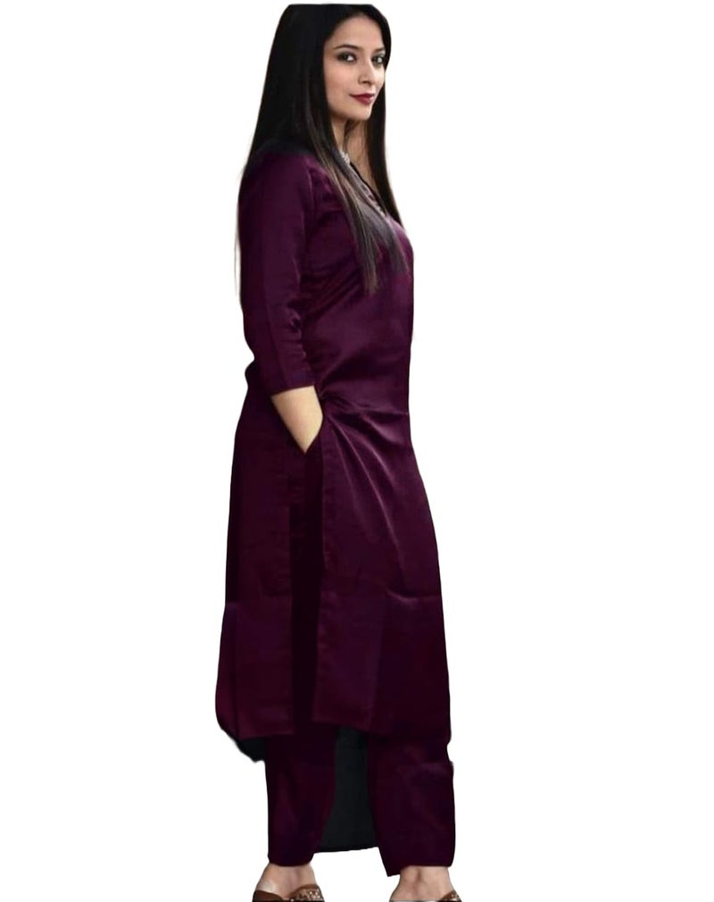 ISTOCAN Solid Rayon Plain V Neck Kurta Pant Set for Women and Girls (IN, Alpha, M, Maroon) - Image 1