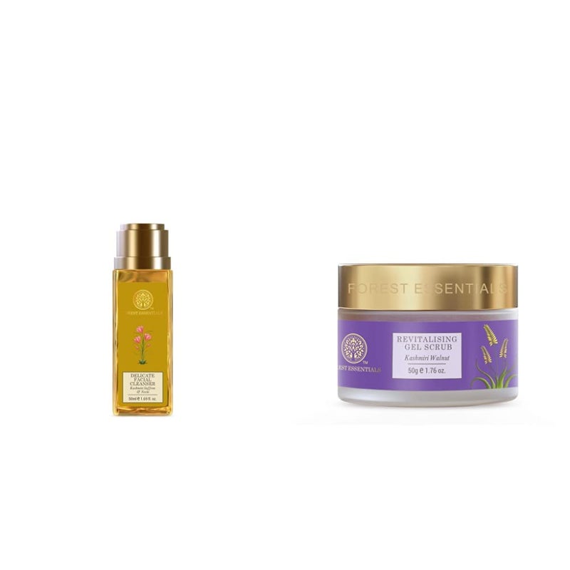 Forest Essentials Forest Essentials Delicate Facial Cleanser Saffron and Neem 50ml and Revitalising Kashmiri Walnut Gel Scrub 50g - Image 1