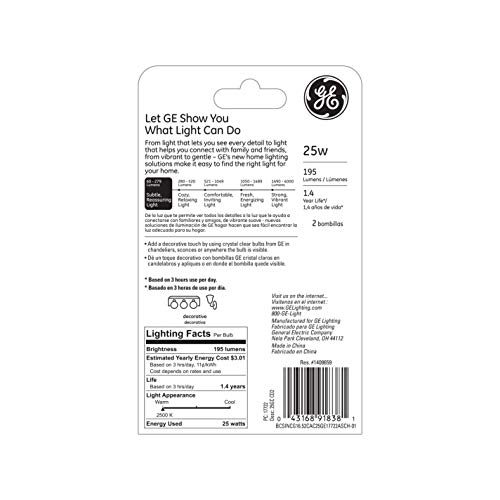 GE Lighting 17722 Decorative G16 1/2 Candelabra Base Globe Light Bulb, 2 Count (Pack of 1), Clear - Image 3