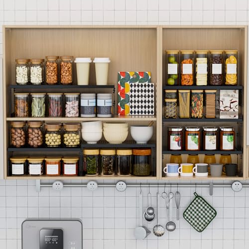 Asiingkel Stackable Expandable Metal Shelf Organizer - Adjustable Wire Storage Rack with Holes for Kitchen, Bathroom, Cabinet, Office - Space Saving, Durable & Sturdy Design（1PACK/Medium/Black - Image 5