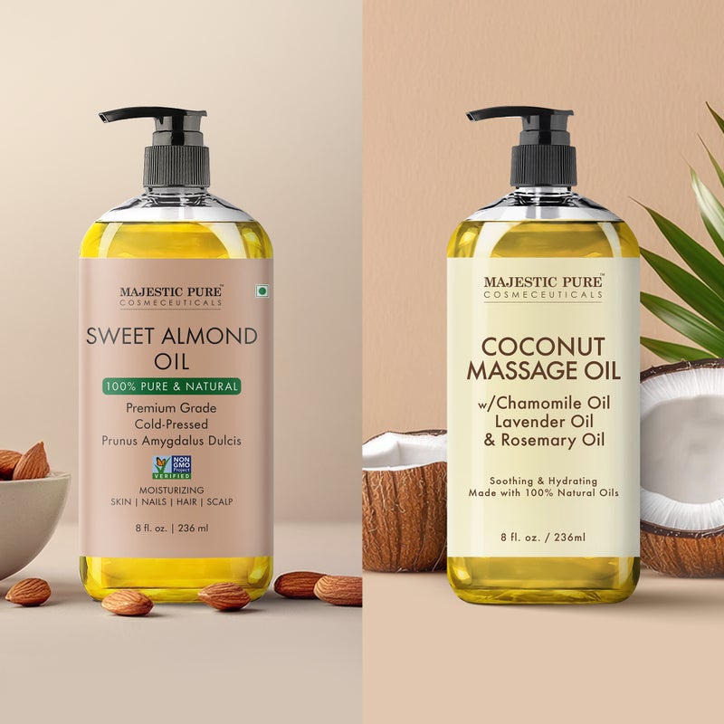 Majestic Pure Pack of 2 Organic Almond Body Oil 236 ML Large and Coconut Massage Oil - 236 ml Suitable for All Skin Types - Men & Women - Image 3