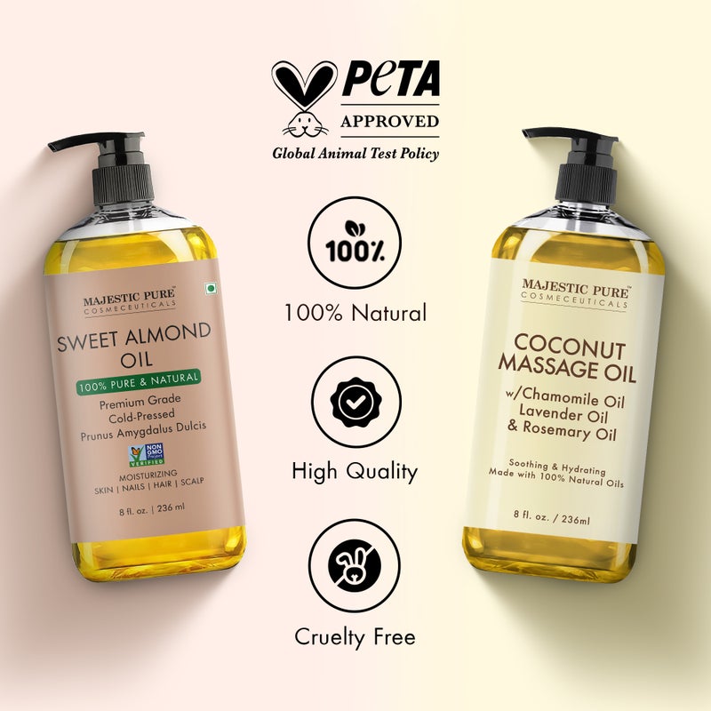 Majestic Pure Pack of 2 Organic Almond Body Oil 236 ML Large and Coconut Massage Oil - 236 ml Suitable for All Skin Types - Men & Women - Image 2