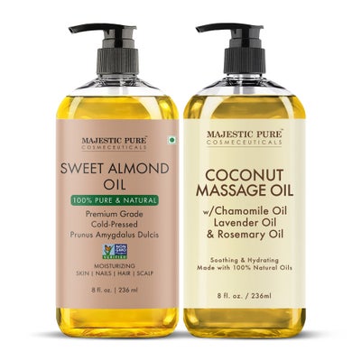 Majestic Pure Pack of 2 Organic Almond Body Oil 236 ML Large and Coconut Massage Oil - 236 ml Suitable for All Skin Types - Men & Women