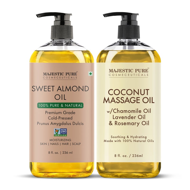 Majestic Pure Pack of 2 Organic Almond Body Oil 236 ML Large and Coconut Massage Oil - 236 ml Suitable for All Skin Types - Men & Women - Image 1