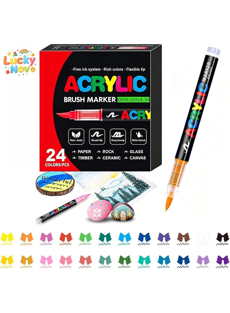 LuckyNov 24 Colors Acrylic Paint Pens, Soft Brush Tip Acrylic Markers,– Art Markers for Fabric, Rock, Canvas, School & DIY Crafts – Vibrant Water-Based Paint Pens for Artists and Kids - Image 1
