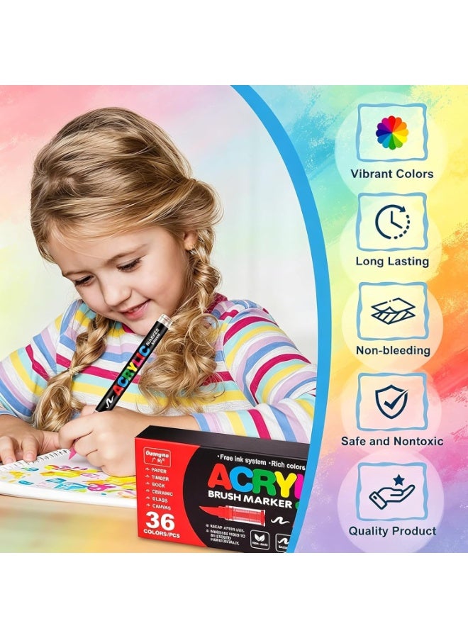 LuckyNov 24 Colors Acrylic Paint Pens, Soft Brush Tip Acrylic Markers,– Art Markers for Fabric, Rock, Canvas, School & DIY Crafts – Vibrant Water-Based Paint Pens for Artists and Kids - Image 4
