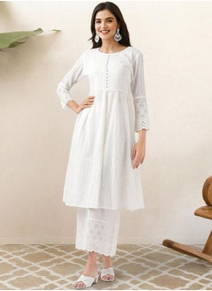 ISHIN Off White Kurta Set Straight Fit 3/4 Sleeve Sleeve made from Cotton featuring Self Design design and Round Neck neckline - Perfect for Ethinic!  - Image 2