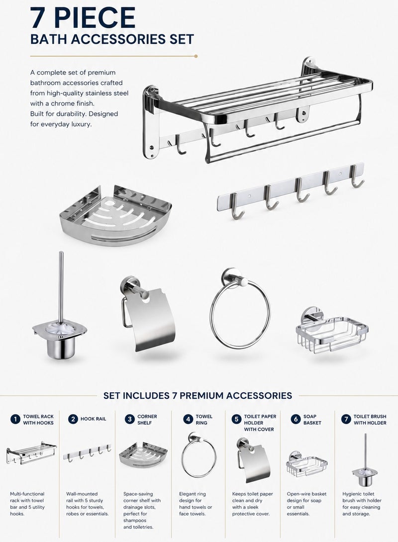 Kana 7-Piece Stainless Steel Bathroom Accessories Set – Chrome Finish Wall-Mounted Bath Hardware Collection - Image 2