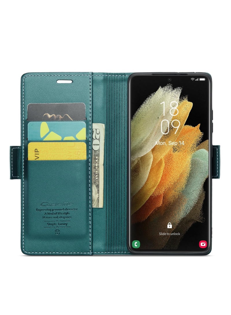 CaseMe Phone Case Luxury PU Leather Design Anti Fingerprint 023 Flip Cover Card Slot Holder Cover For Samsung Galaxy S21 Ultra (Green) - Image 4