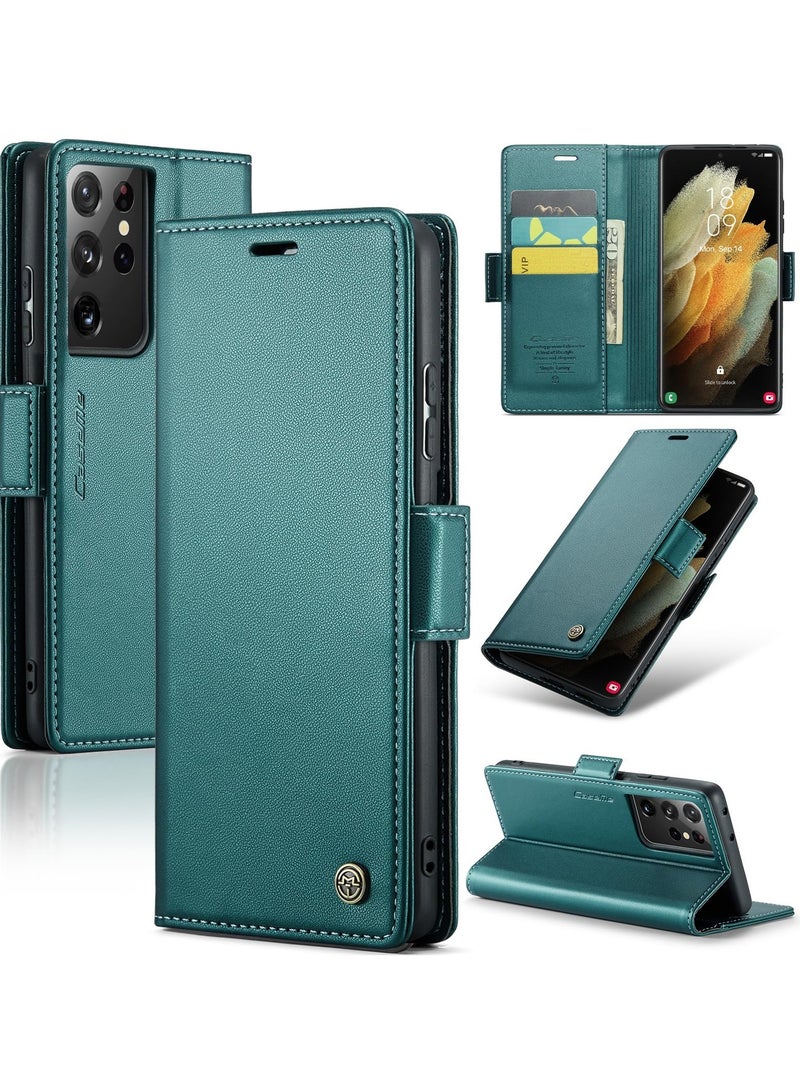 CaseMe Phone Case Luxury PU Leather Design Anti Fingerprint 023 Flip Cover Card Slot Holder Cover For Samsung Galaxy S21 Ultra (Green) - Image 1