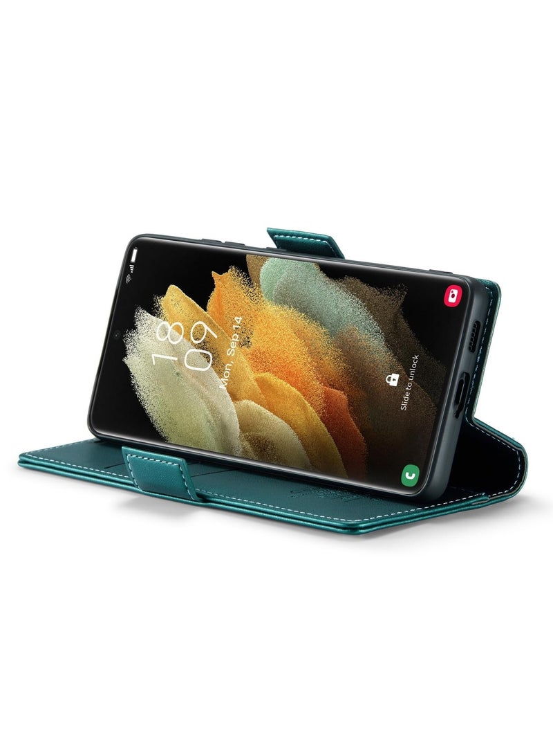 CaseMe Phone Case Luxury PU Leather Design Anti Fingerprint 023 Flip Cover Card Slot Holder Cover For Samsung Galaxy S21 Ultra (Green) - Image 2