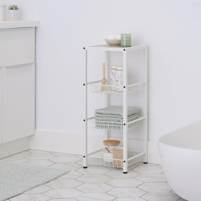 TRINITY 4-Tier Freestanding Metal Shelving Rack with Wire Baskets, Wood Top, and Adjustable Feet, 12"x12"x30", White + Gray-Wash Top - Image 3