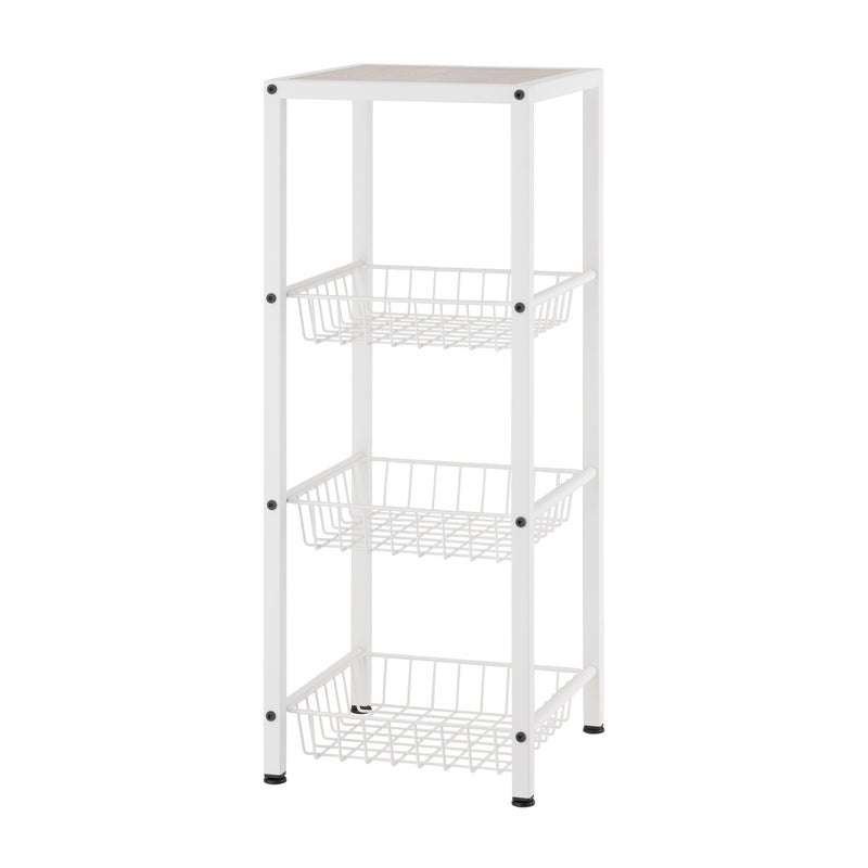 TRINITY 4-Tier Freestanding Metal Shelving Rack with Wire Baskets, Wood Top, and Adjustable Feet, 12"x12"x30", White + Gray-Wash Top - Image 1