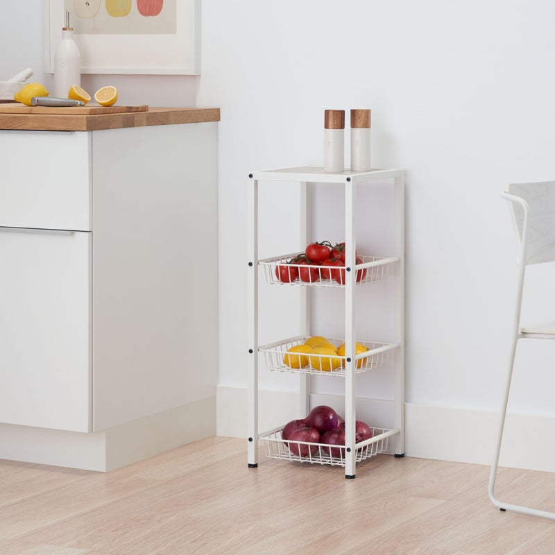 TRINITY 4-Tier Freestanding Metal Shelving Rack with Wire Baskets, Wood Top, and Adjustable Feet, 12"x12"x30", White + Gray-Wash Top - Image 2