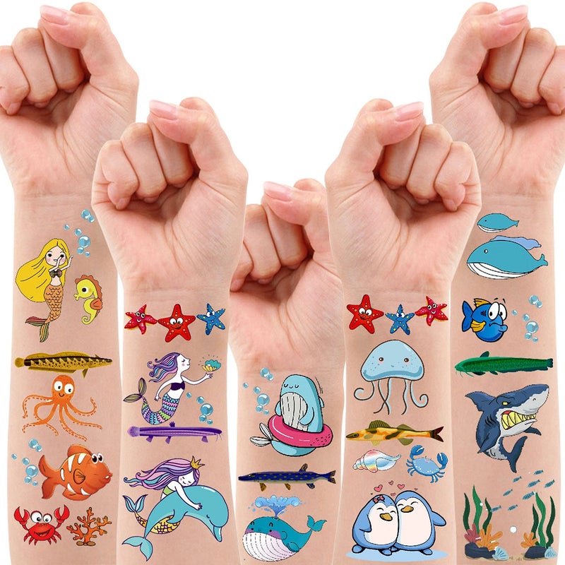 200 PCS Ocean Theme Temporary Tattoos for Kids Beach Pool Under Sea Decorations Birthday Party Supplies Favors Fake Tattoos Stickers With Mermaid Shark Tropical Fish Whale for Boys and Girls