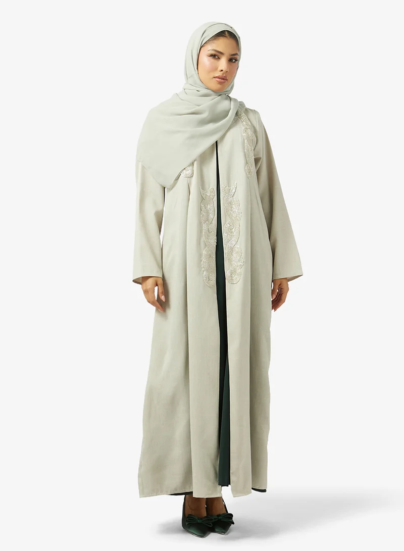 Floral Embellished Open Front V Neck Abaya