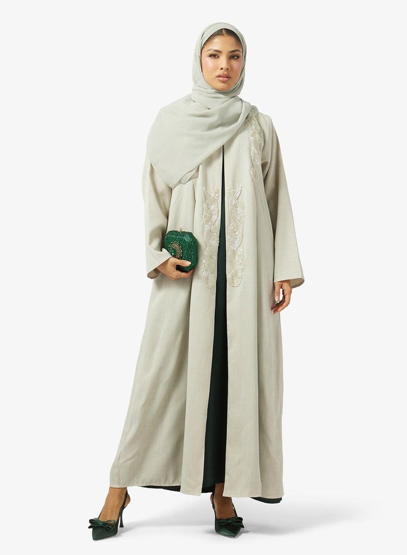 hayas closet Floral Embellished Open Front V Neck Abaya - Image 2