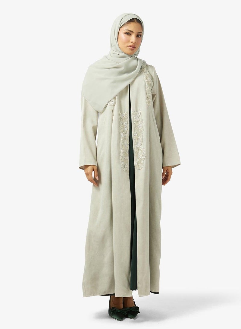 hayas closet Floral Embellished Open Front V Neck Abaya - Image 3