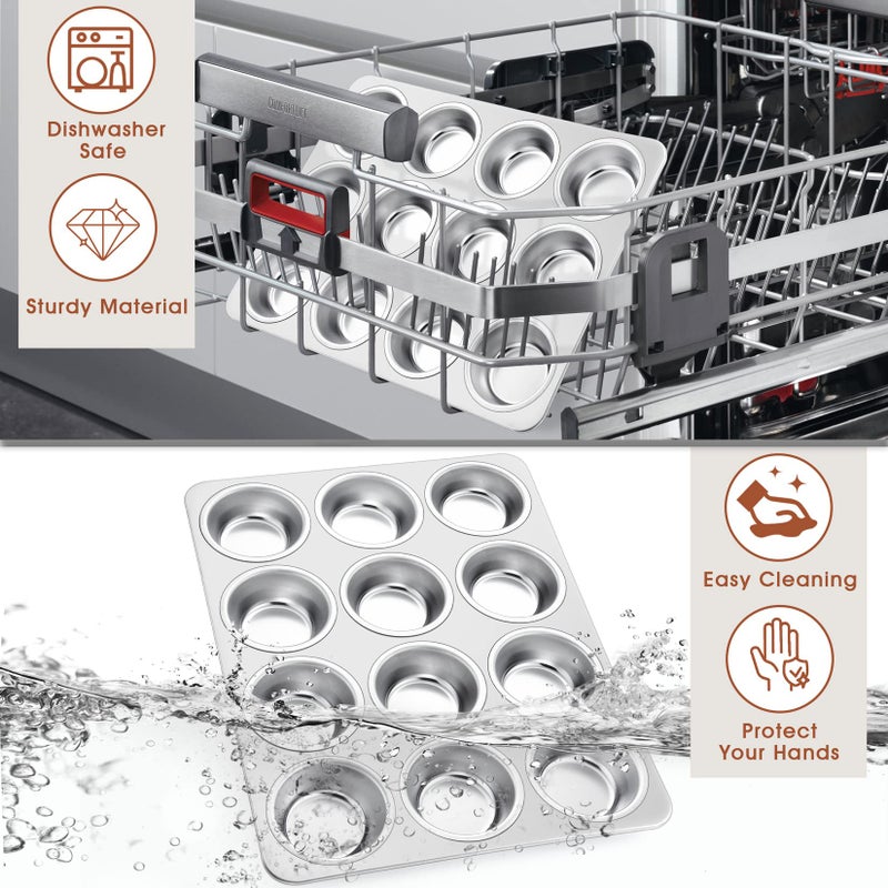 P&P CHEF Muffin Pan Cupcake Baking Pan Set, Stainless Steel Muffin Tin Tray for Mini Cake Tart Quiche, Oven & Dishwasher Safe, Non-toxic & Heavy-duty, (12 Cup, 1Pc) - Image 5