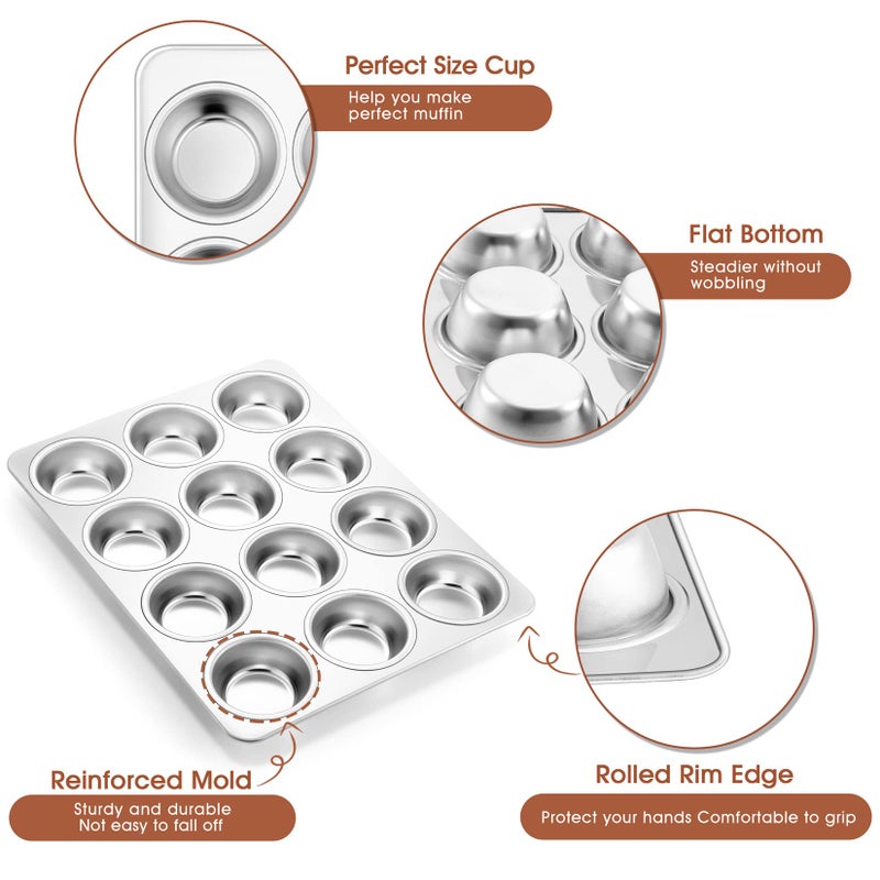 P&P CHEF Muffin Pan Cupcake Baking Pan Set, Stainless Steel Muffin Tin Tray for Mini Cake Tart Quiche, Oven & Dishwasher Safe, Non-toxic & Heavy-duty, (12 Cup, 1Pc) - Image 3