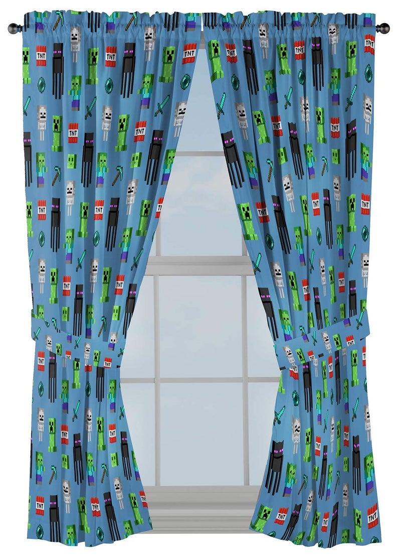 Jay Franco Kids Window Drapes - 4 Piece Curtain Set Includes 2 Tiebacks, Beautiful Bedding Room DÃ©cor and Easy Set Up, Blue - Minecraft, 63 Inch - Image 1