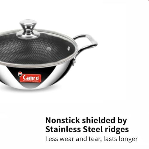 Camro Kadai with Glass Lid 1.2 Litre 20 Cm| Honeycomb Triply Kadhai for Cooking | Curry Stir-Fry Deep Fry Dry Veg | Cookware kadai with Steel Handle |Non Stick kadhai for Frying |Induction Base & Gas - Image 2