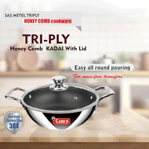 Camro Kadai with Glass Lid 1.2 Litre 20 Cm| Honeycomb Triply Kadhai for Cooking | Curry Stir-Fry Deep Fry Dry Veg | Cookware kadai with Steel Handle |Non Stick kadhai for Frying |Induction Base & Gas - Image 5