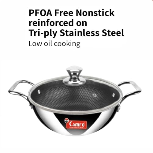 Camro Kadai with Glass Lid 1.2 Litre 20 Cm| Honeycomb Triply Kadhai for Cooking | Curry Stir-Fry Deep Fry Dry Veg | Cookware kadai with Steel Handle |Non Stick kadhai for Frying |Induction Base & Gas - Image 3