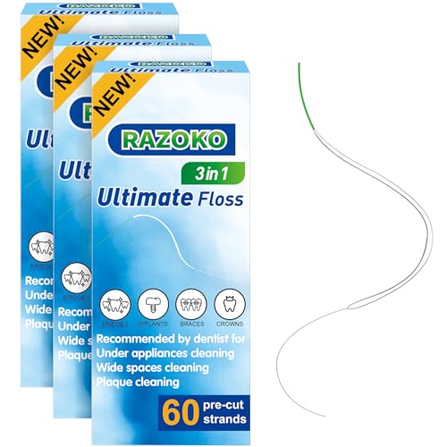 RAZOKO Dental Floss for Braces, 3 in 1 Ultimate Floss Pre-Cut Strands, 60 Count (Pack of 3) - Image 1