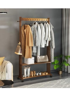 Wooden Clothes Hanger Rail Heavy Duty Clothes Rail stand Bamboo Clothing Rack Wheels Clothes Rail Stand with Wheels Coat Rack on Wheels with 2 Tier Shelves for Bedroom Living Room