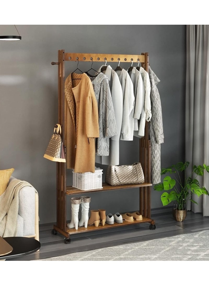 Generic - Wooden Clothes Hanger Rail Heavy Duty Clothes Rail stand Bamboo Clothing Rack Wheels Clothes Rail Stand with Wheels Coat Rack on Wheels with 2 Tier Shelves for Bedroom Living Room - Image 1