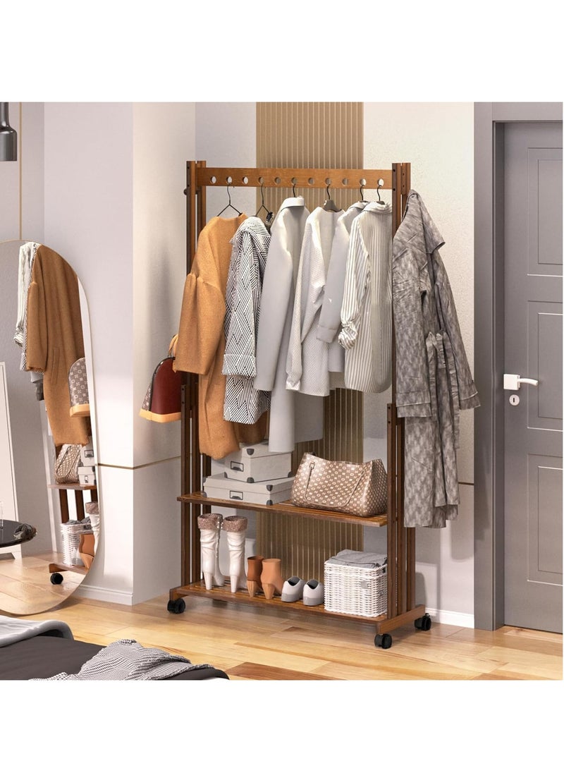 Generic - Wooden Clothes Hanger Rail Heavy Duty Clothes Rail stand Bamboo Clothing Rack Wheels Clothes Rail Stand with Wheels Coat Rack on Wheels with 2 Tier Shelves for Bedroom Living Room - Image 1
