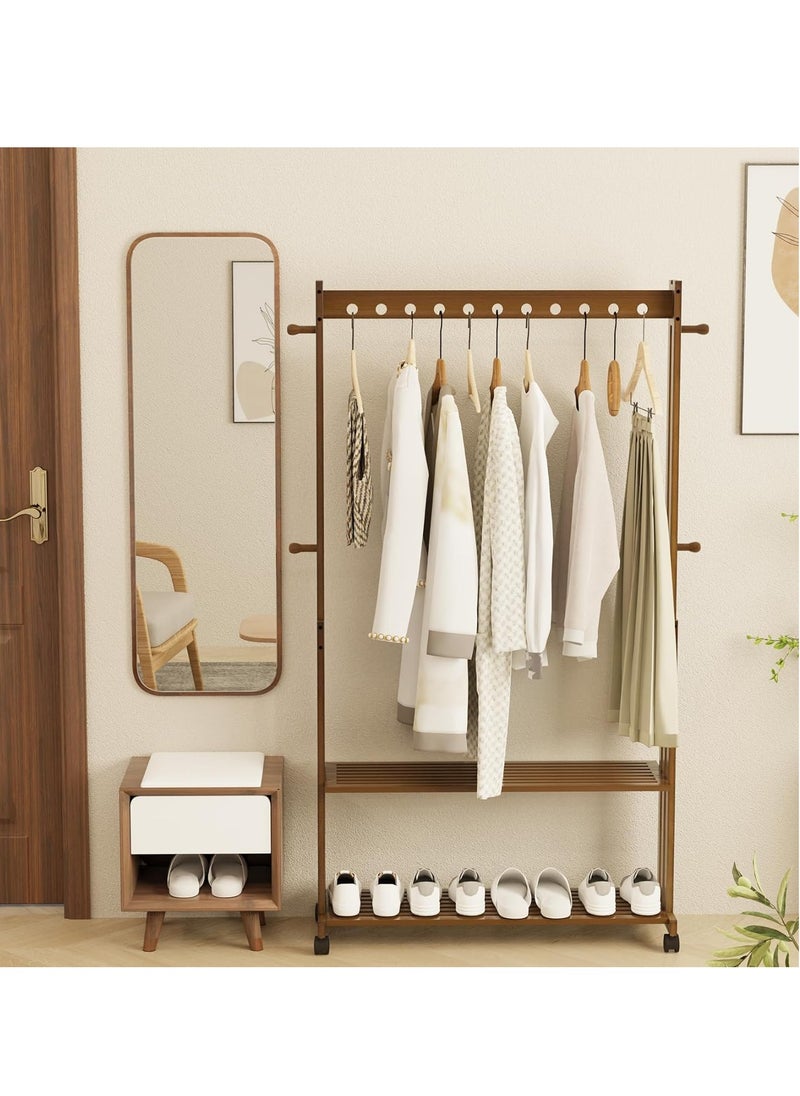 Generic - Wooden Clothes Hanger Rail Heavy Duty Clothes Rail stand Bamboo Clothing Rack Wheels Clothes Rail Stand with Wheels Coat Rack on Wheels with 2 Tier Shelves for Bedroom Living Room - Image 1