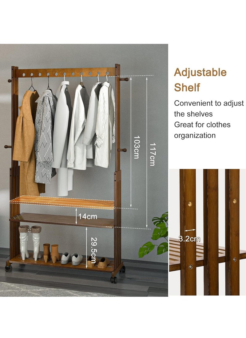 Generic - Wooden Clothes Hanger Rail Heavy Duty Clothes Rail stand Bamboo Clothing Rack Wheels Clothes Rail Stand with Wheels Coat Rack on Wheels with 2 Tier Shelves for Bedroom Living Room - Image 1